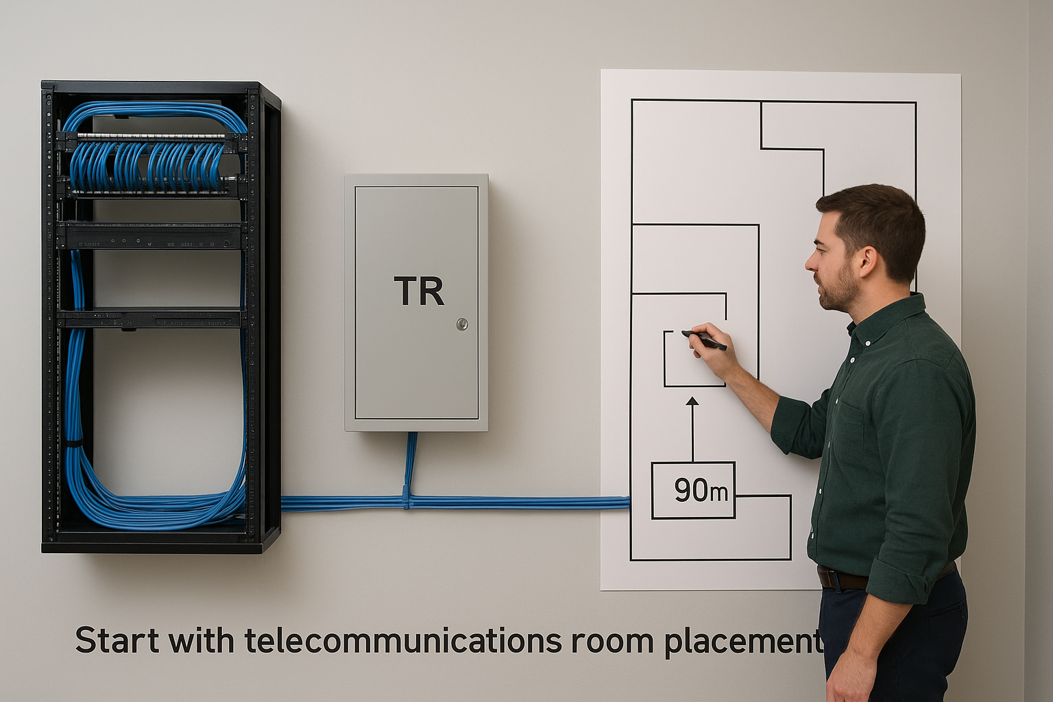 Start with telecommunications room placement and cable distances
