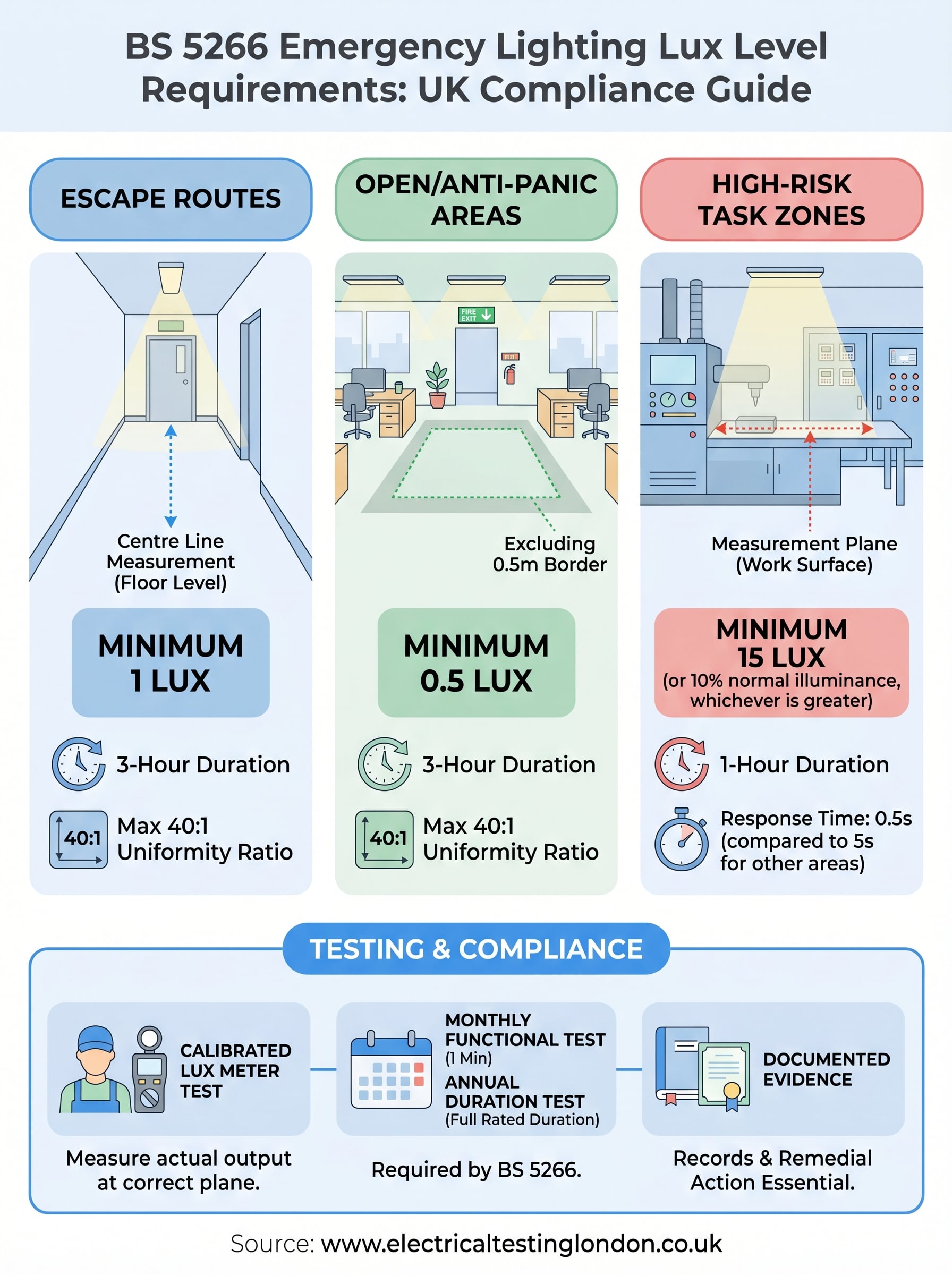 emergency lighting lux level requirements infographic