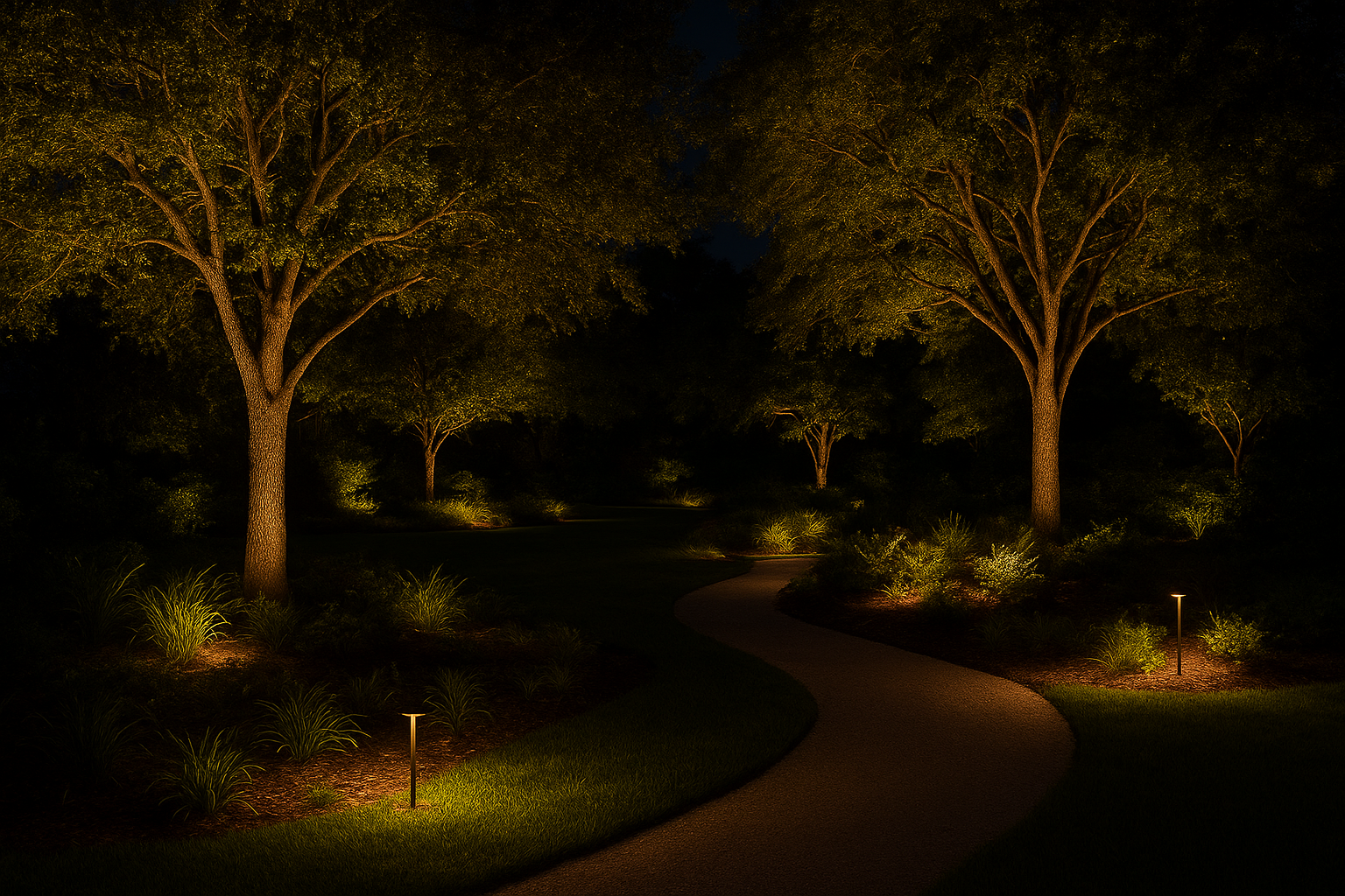 4. Use outdoor lighting to highlight trees and pathways