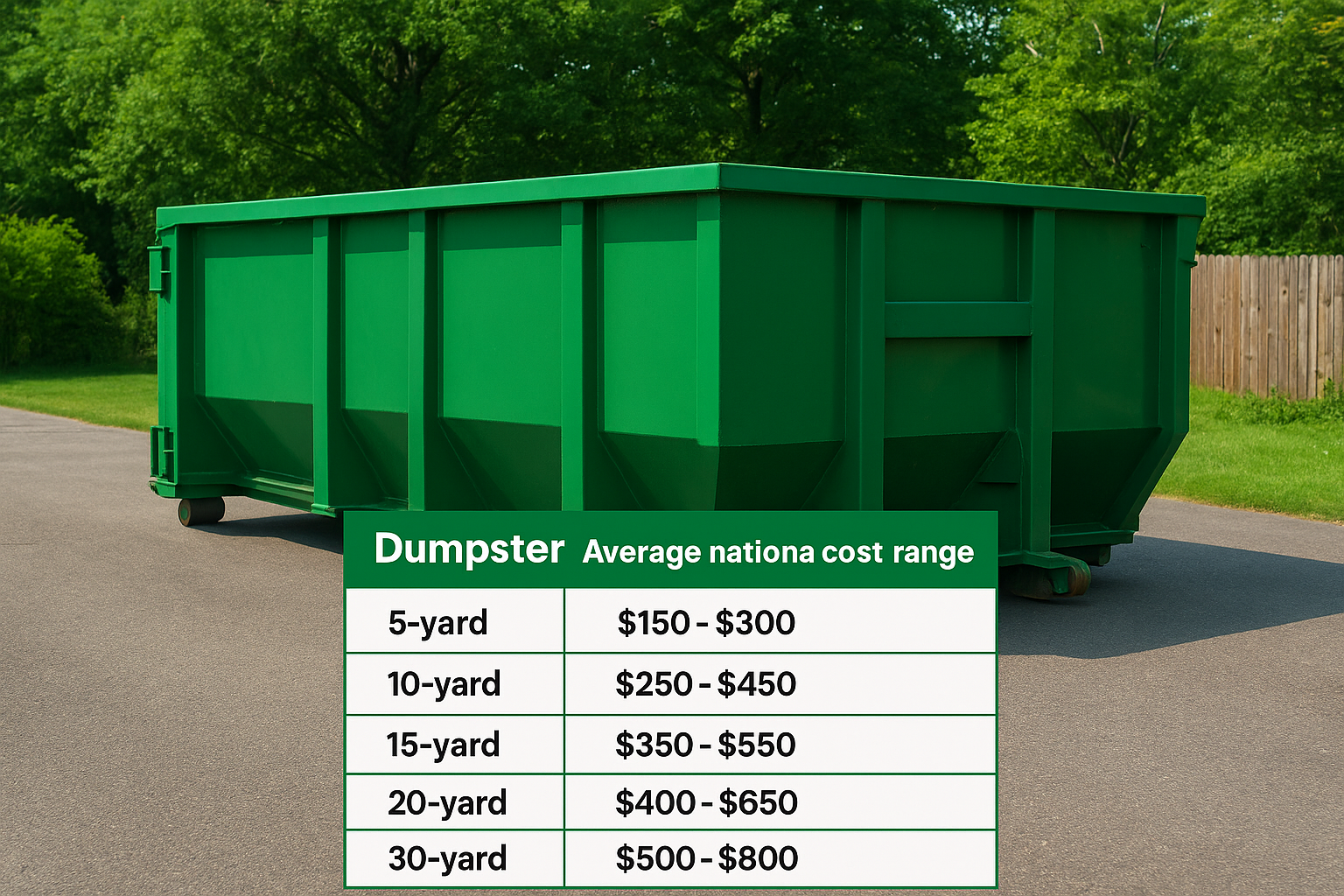 National price ranges by dumpster size
