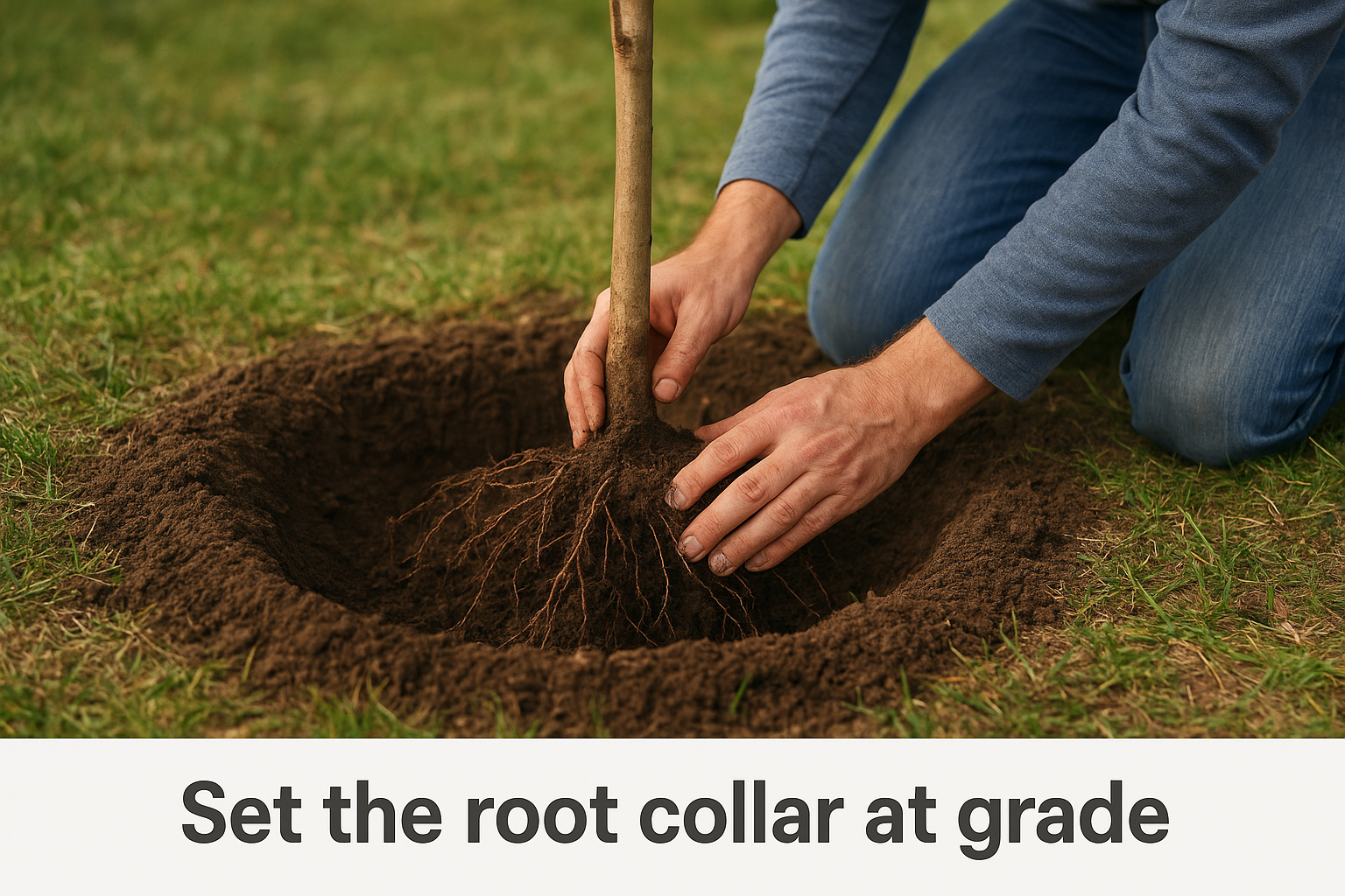Set the root collar at grade