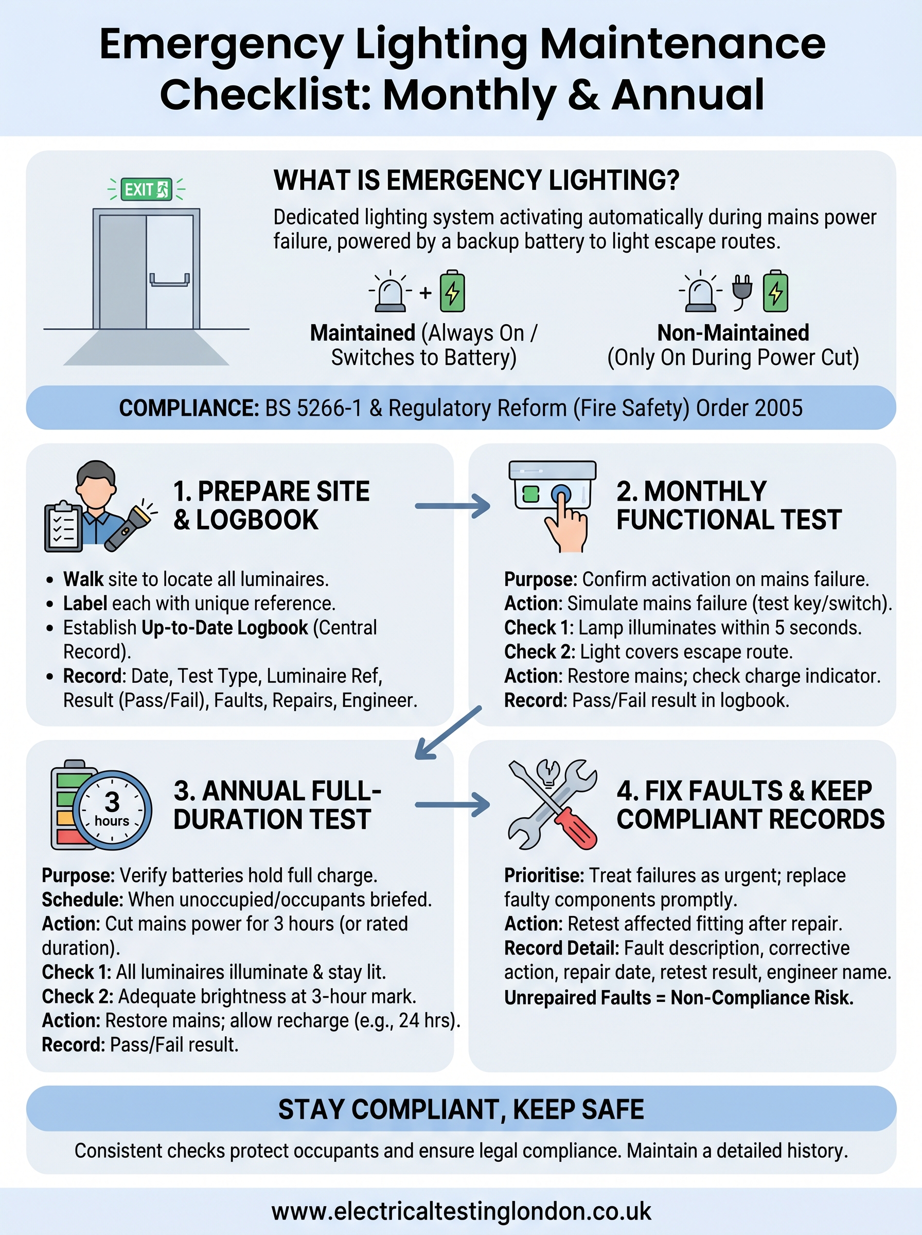 emergency lighting maintenance checklist infographic