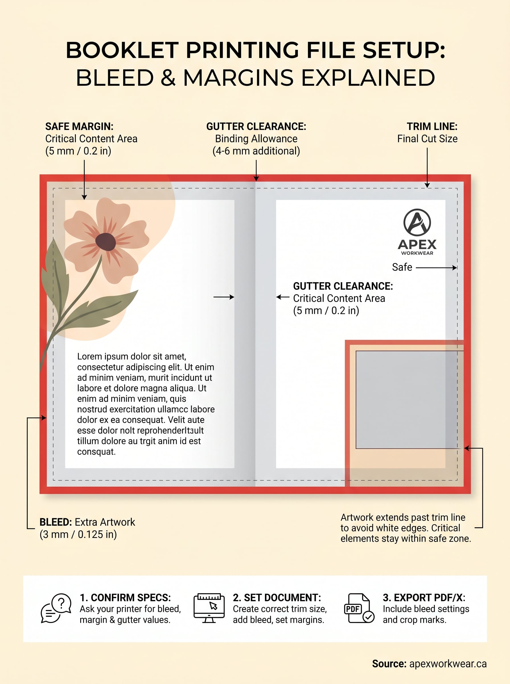 booklet printing file setup (bleed + margins) infographic