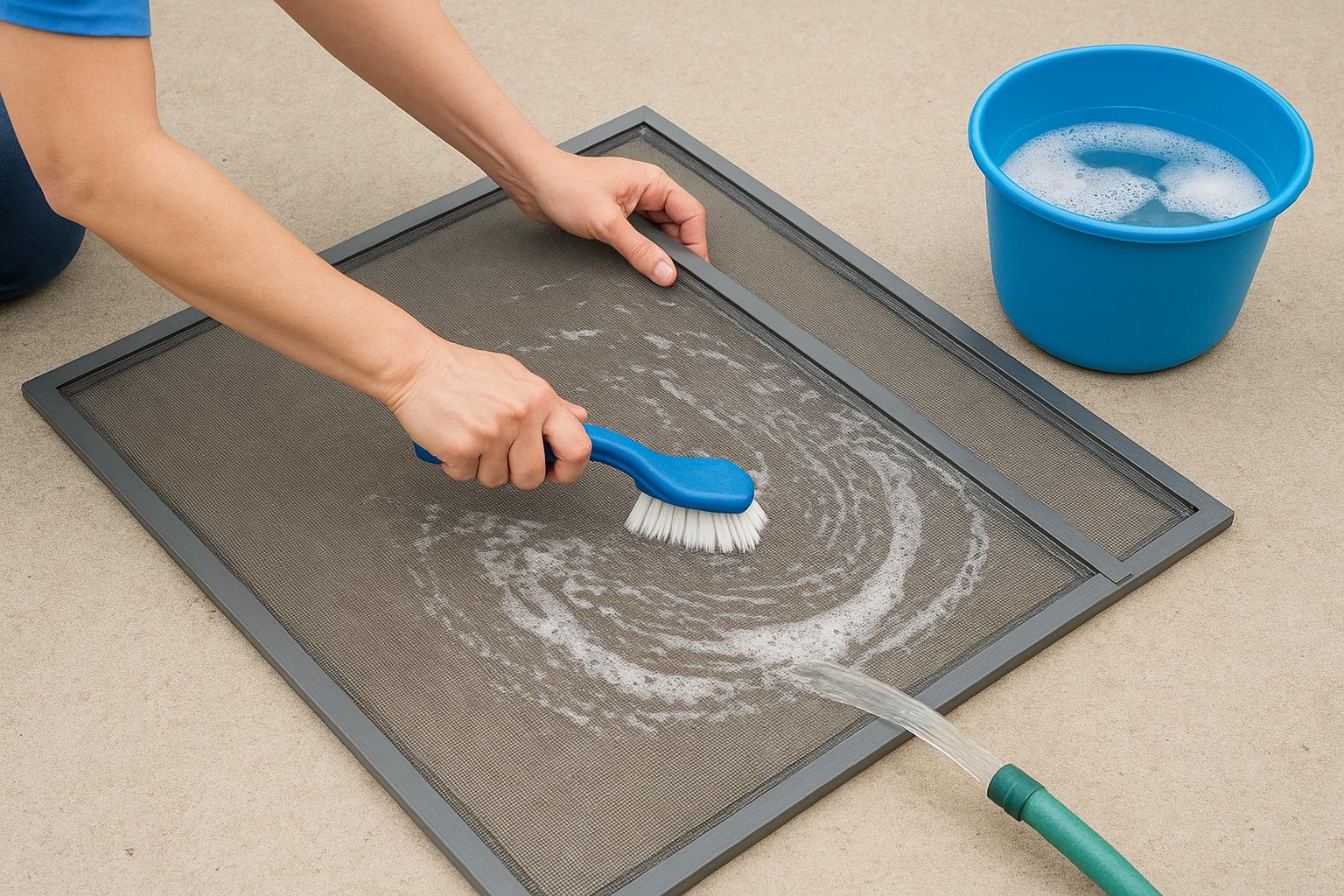 Wash, scrub, and rinse each screen