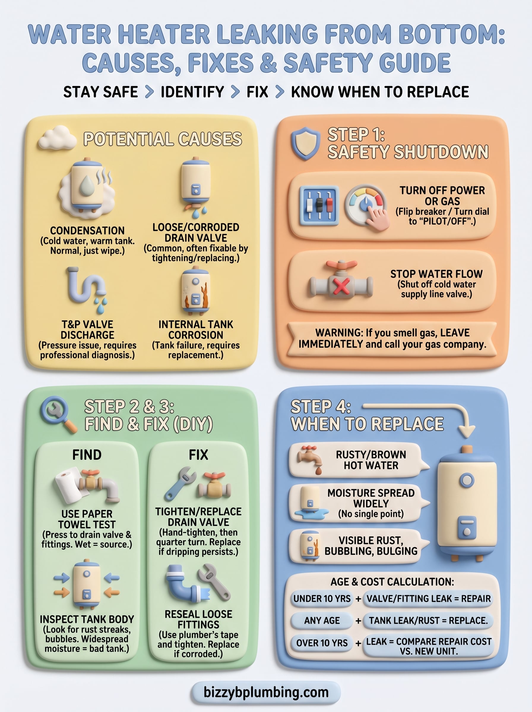 water heater leaking from bottom infographic