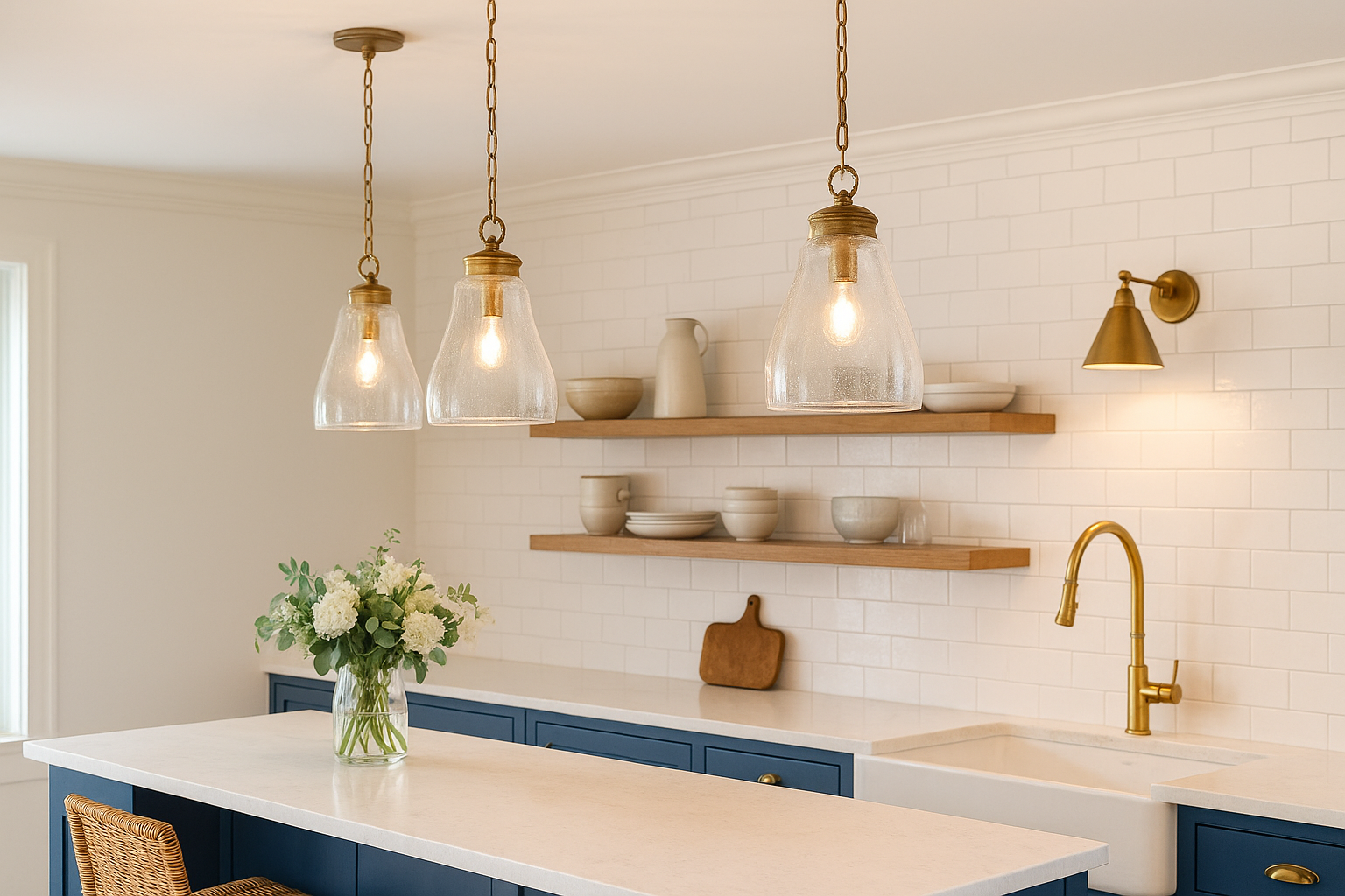 7. Layer lighting with glass and warm metals