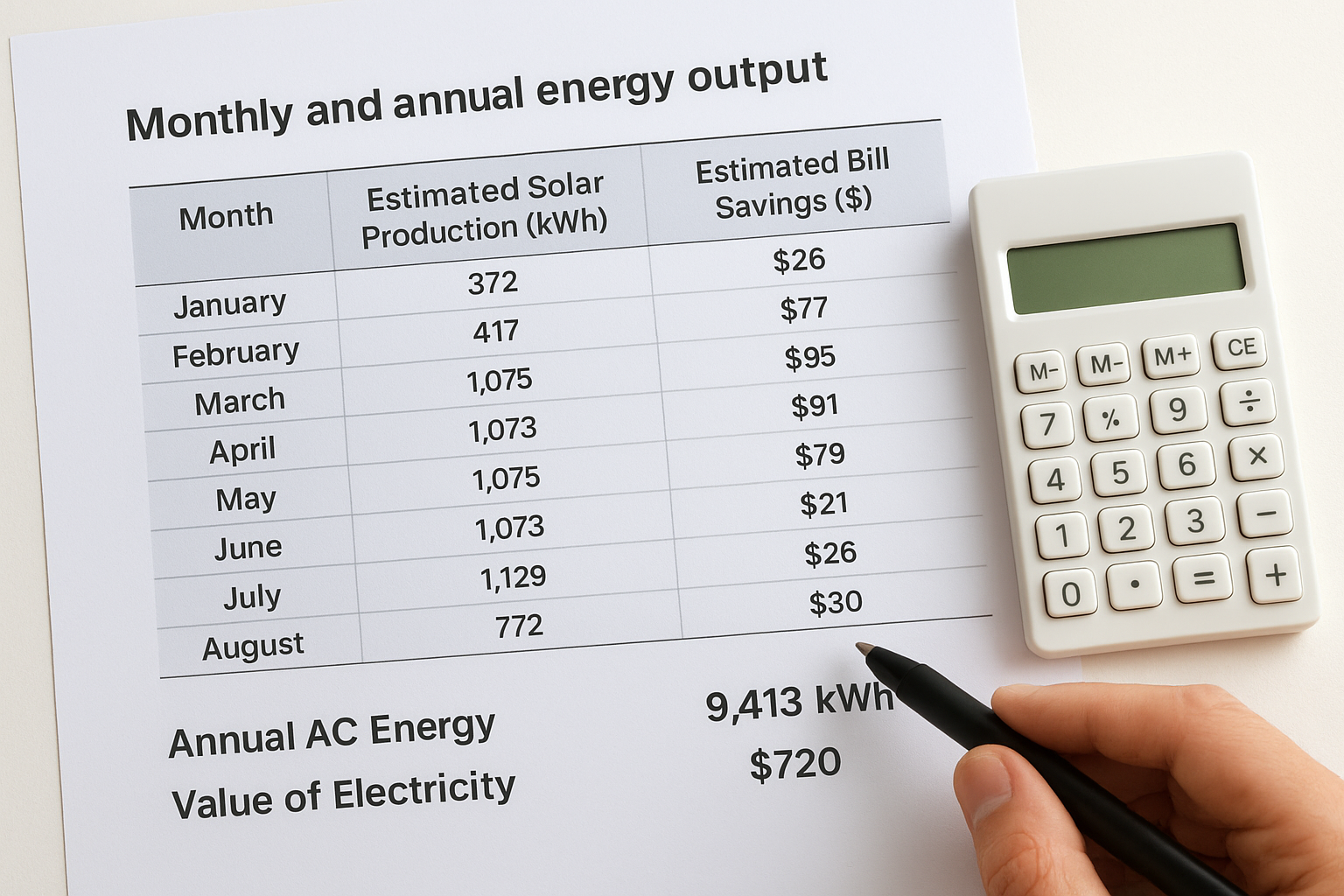 Monthly and annual energy output