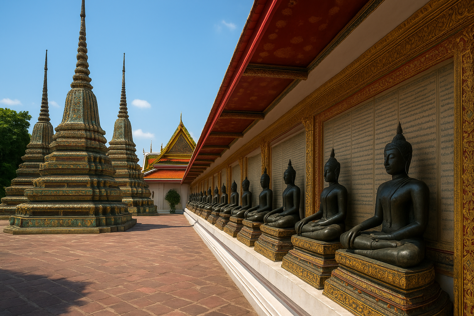 Stupy, krużganki i posągi