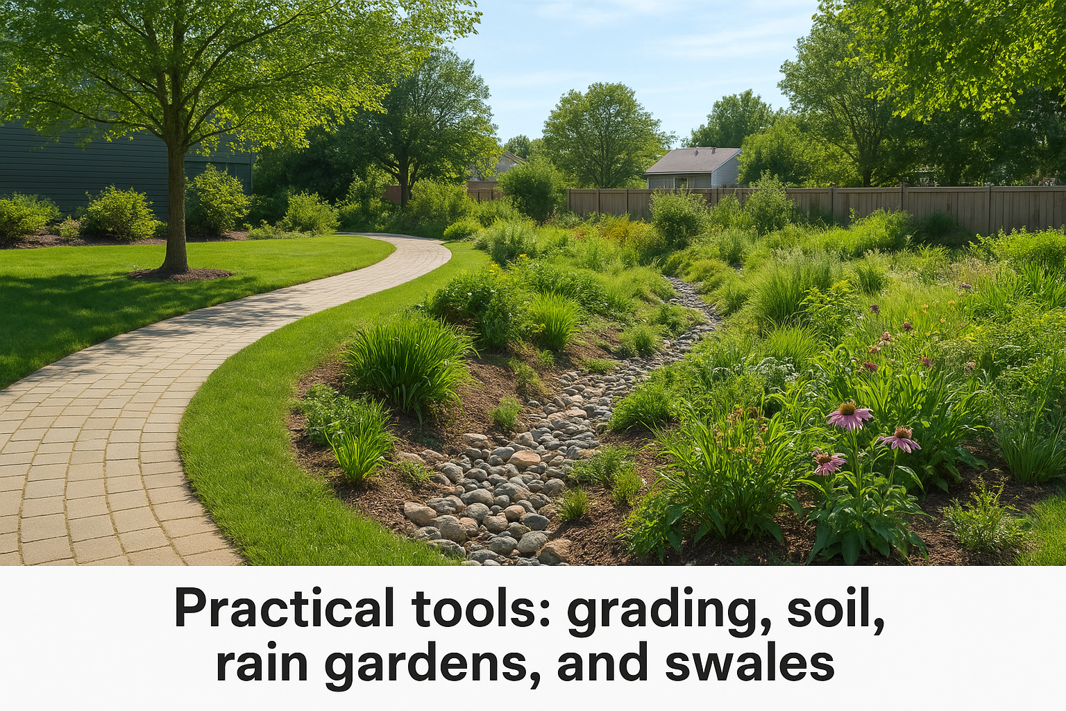 Practical tools: grading, soil, rain gardens, and swales
