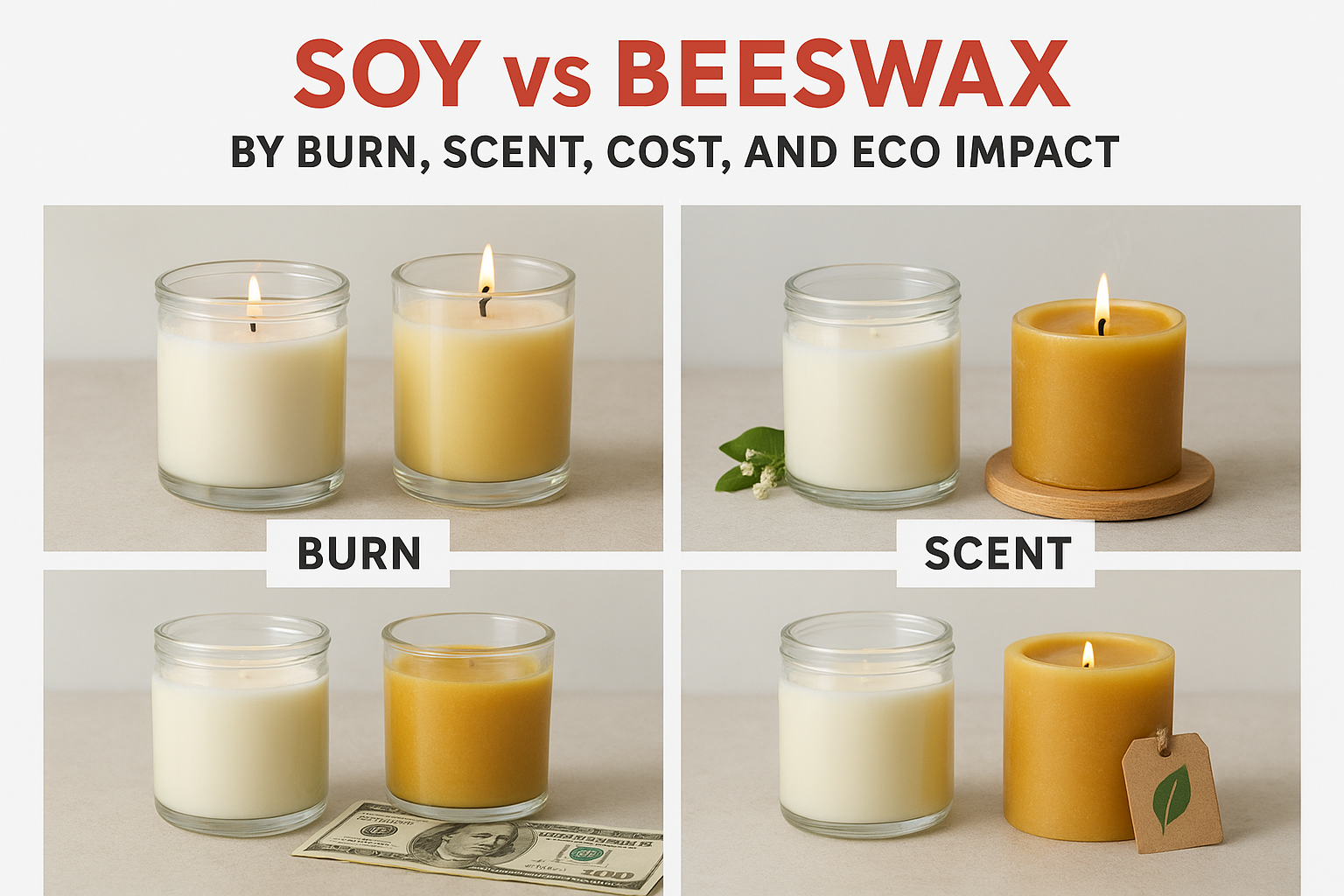 Soy vs beeswax by burn, scent, cost, and eco impact