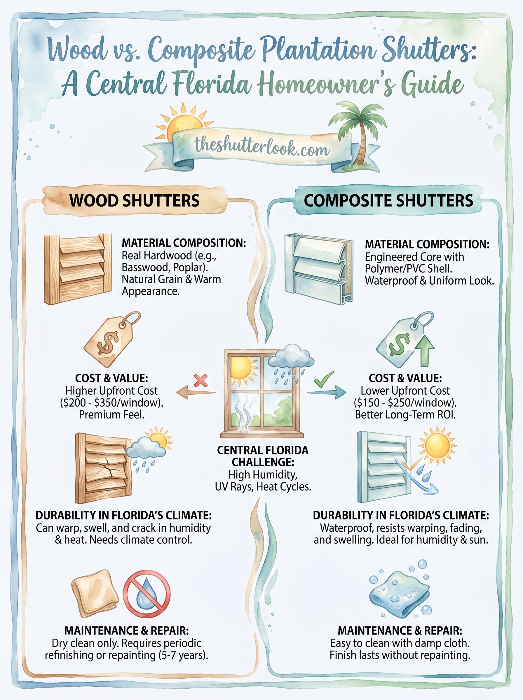 wood vs composite plantation shutters infographic