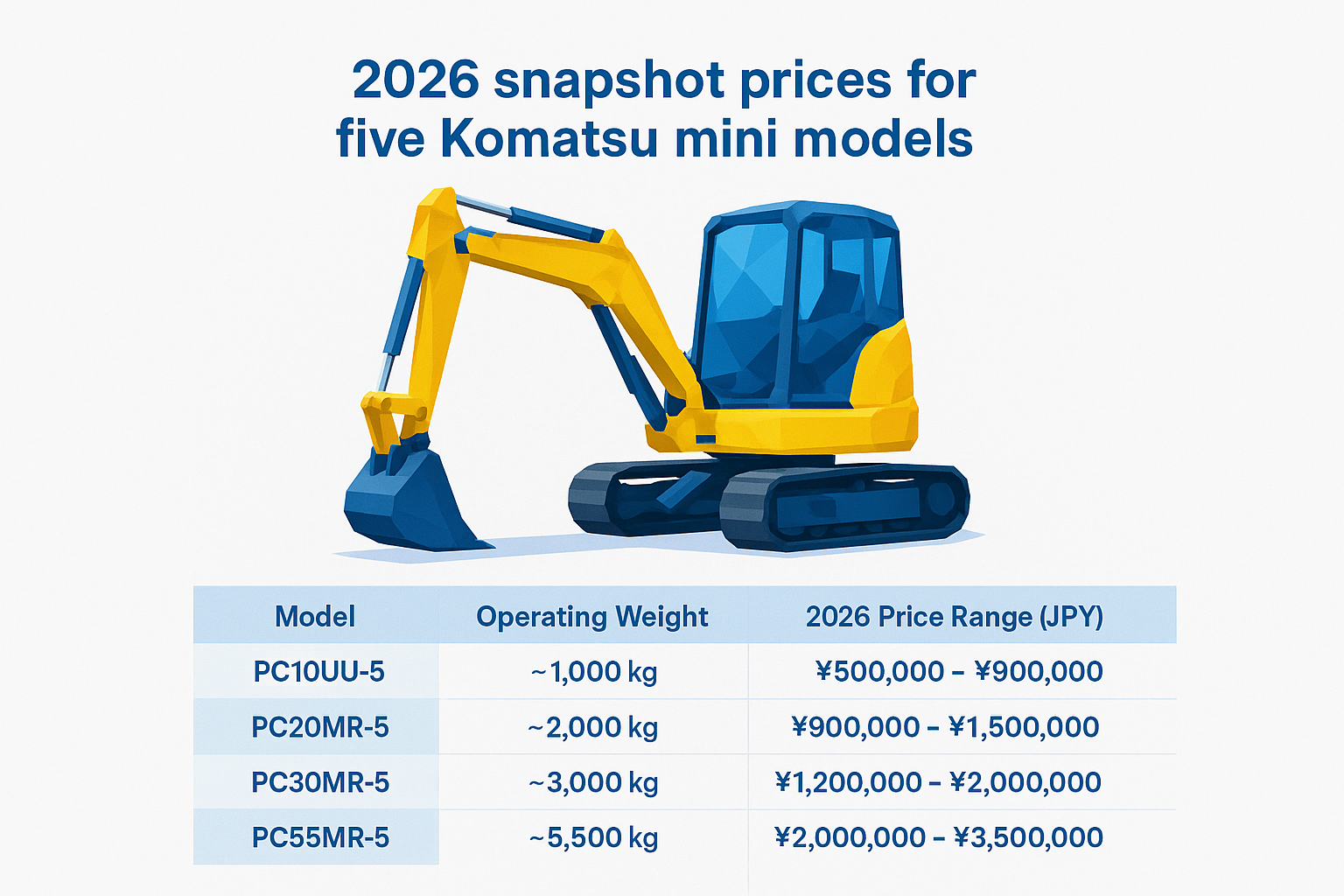 2026 snapshot prices for five Komatsu mini models