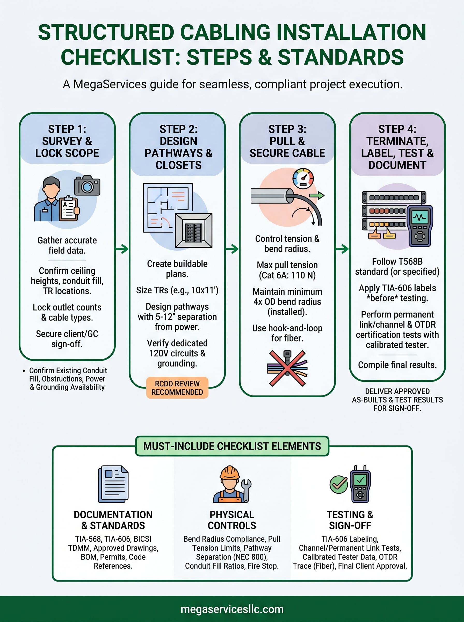 structured cabling installation checklist infographic