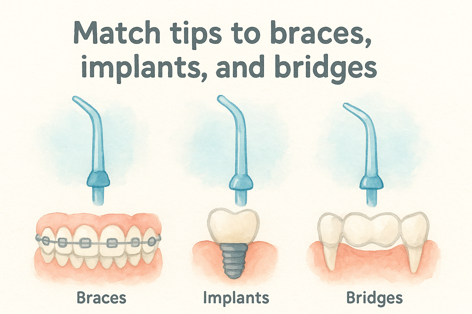 Match tips to braces, implants, and bridges