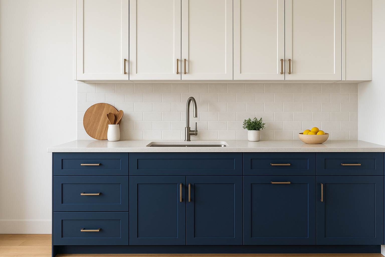 2. Two-tone cabinets with a grounded base color
