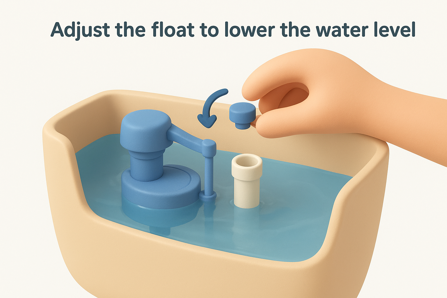 Adjust the float to lower the water level