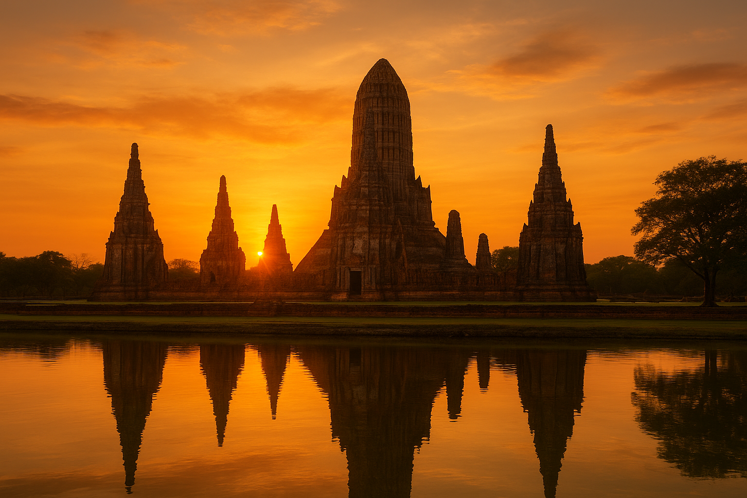 Zachód słońca i wieczorna Ayutthaya