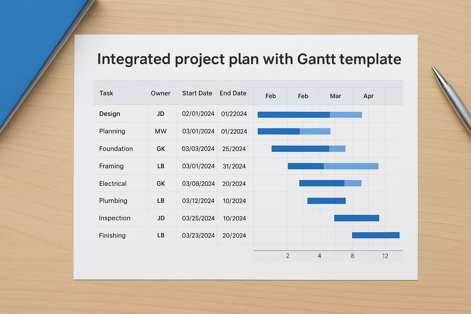 2. Integrated project plan with Gantt template