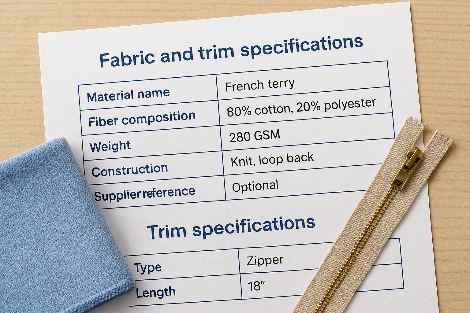 Fabric and trim specifications