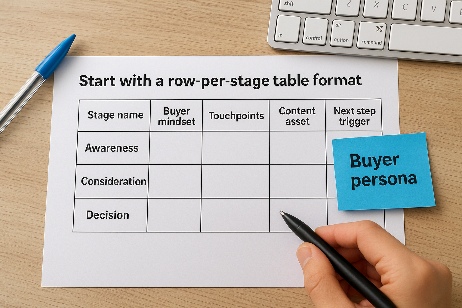 Start with a row-per-stage table format