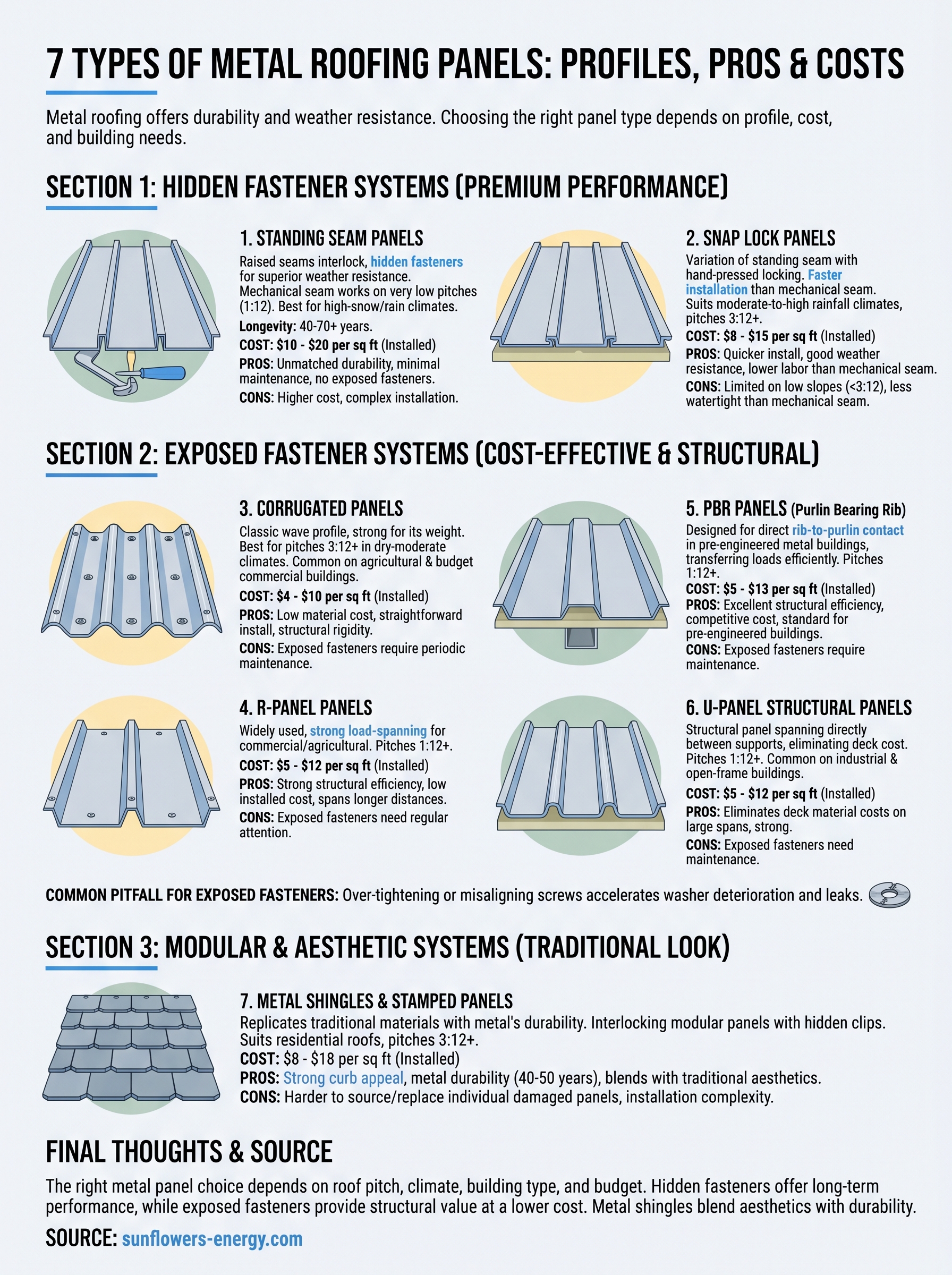 types of metal roofing panels infographic