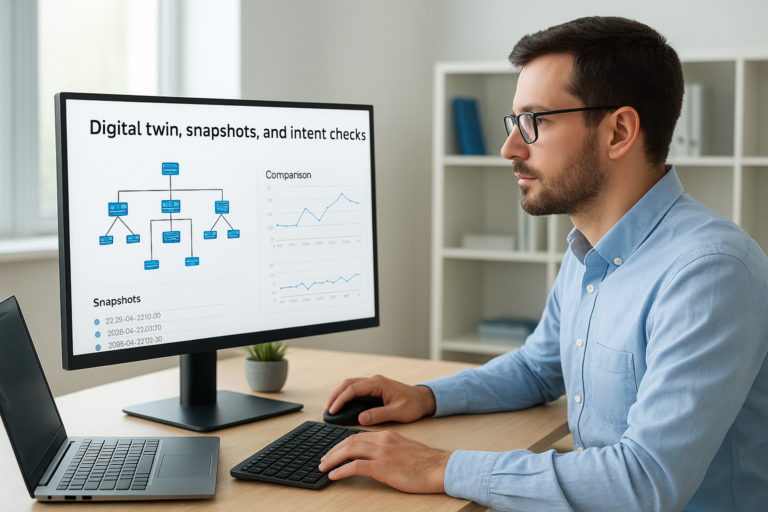 Digital twin, snapshots, and intent checks