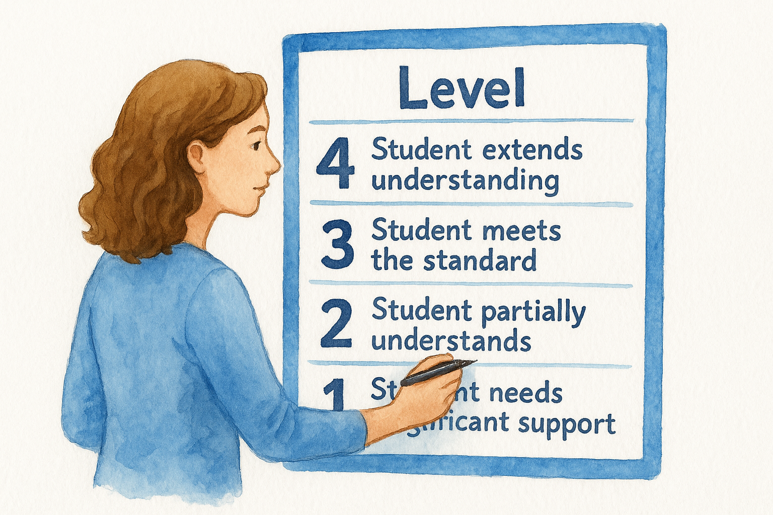 Start with the "meets standard" level first