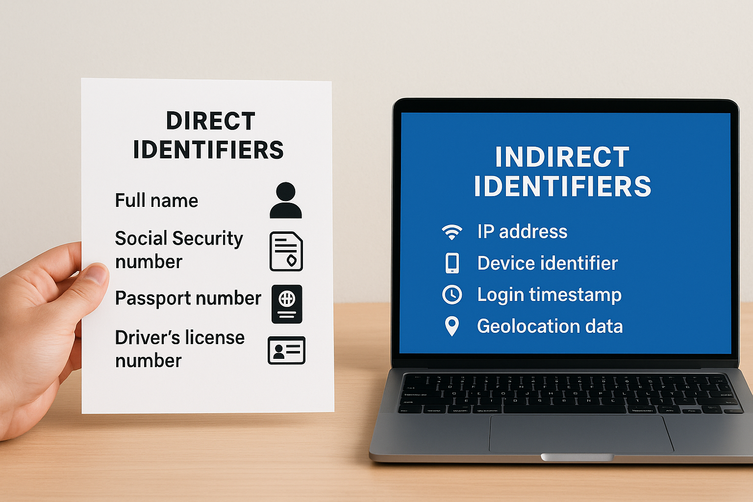 Direct and indirect identifiers with examples