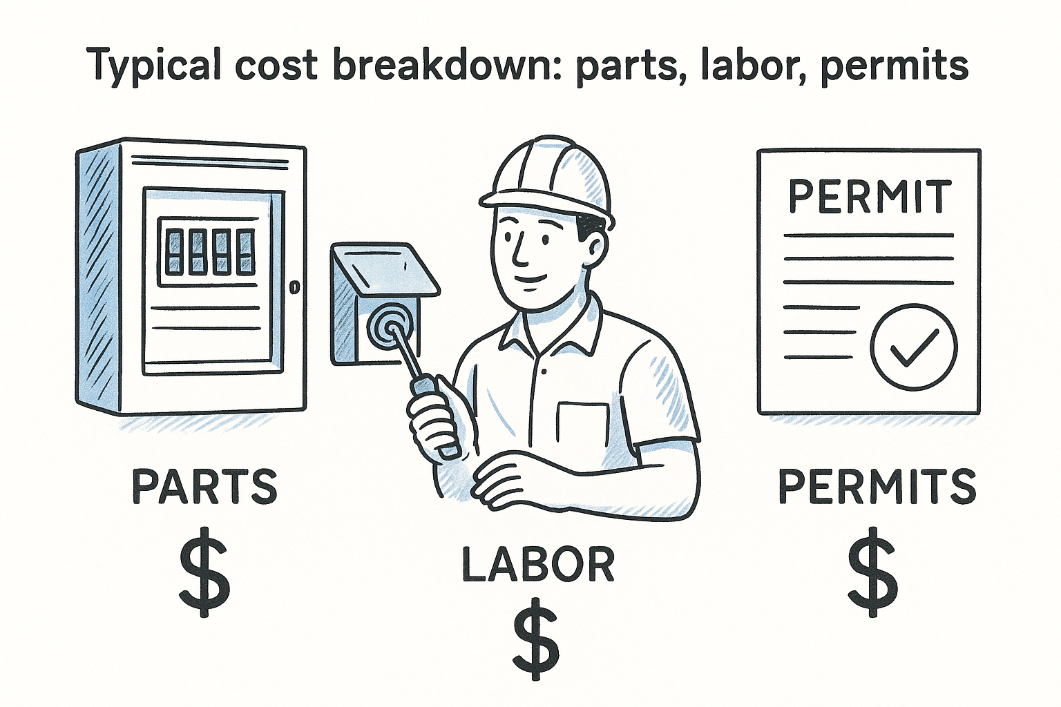 Typical cost breakdown: parts, labor, permits