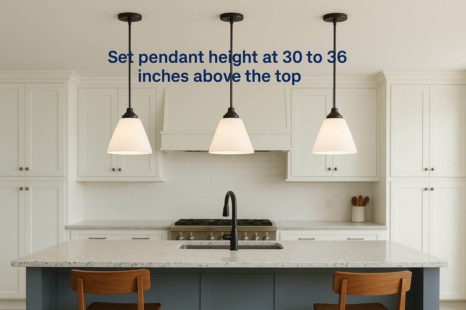 Set pendant height at 30 to 36 inches above the top