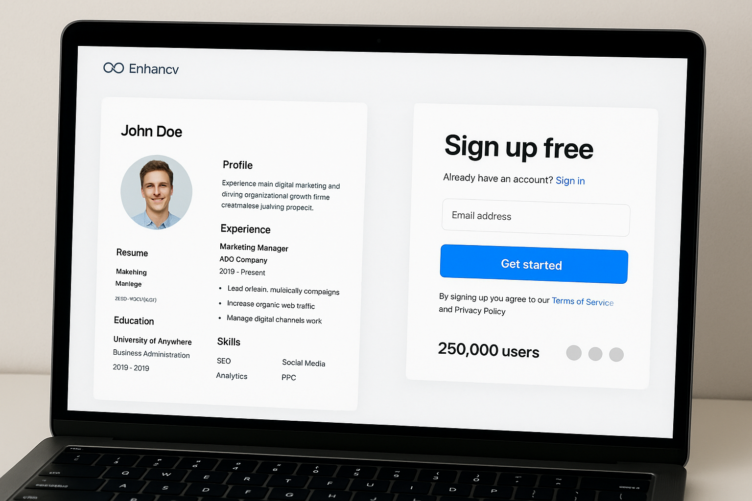5. Enhancv template preview and signup page