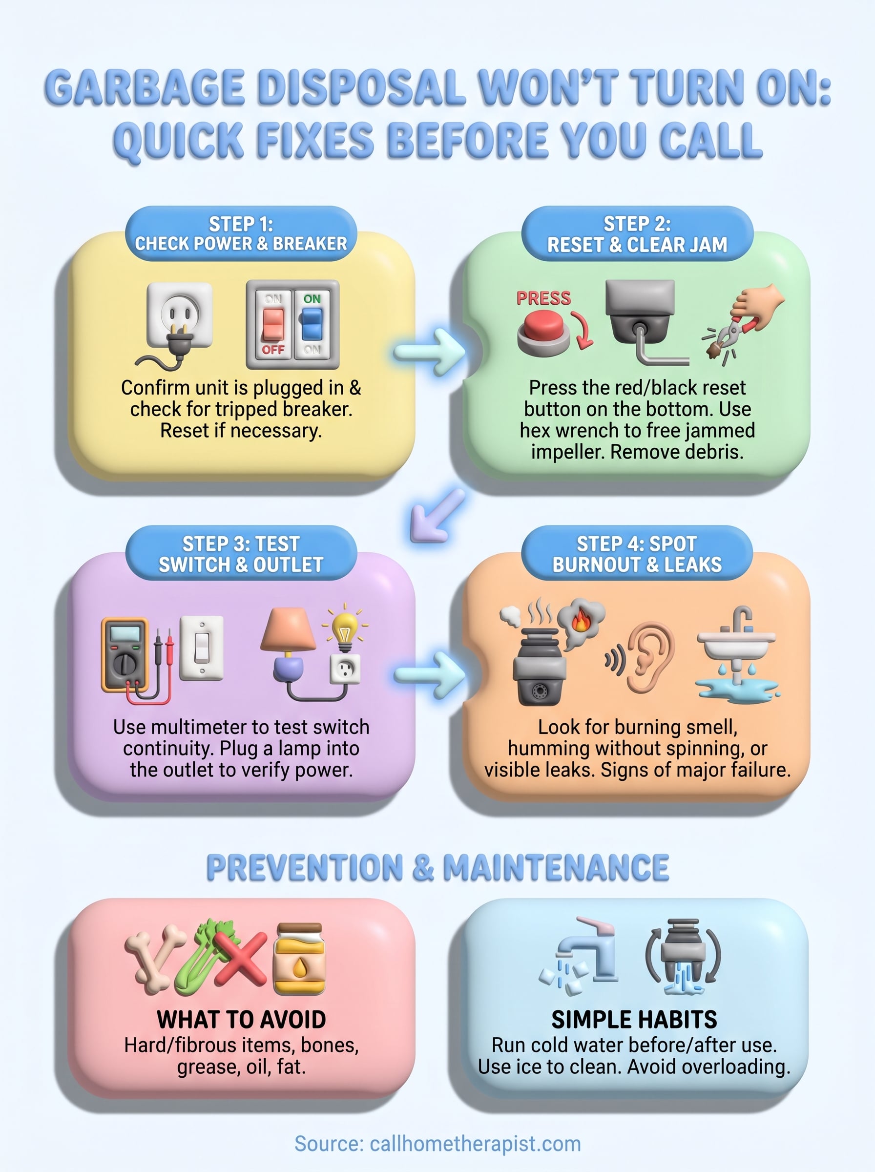 garbage disposal won't turn on infographic