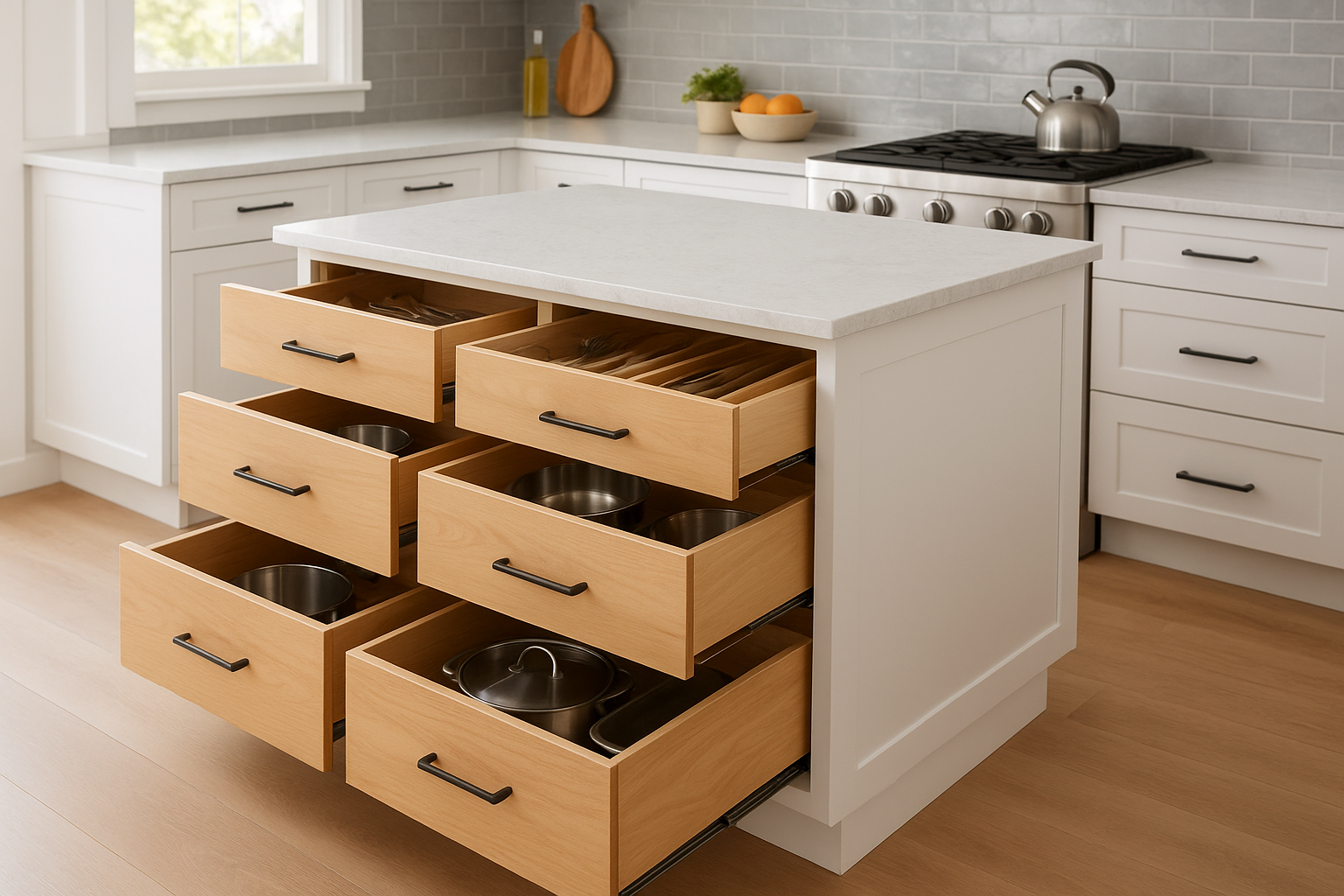 9. Storage-packed island with deep drawers
