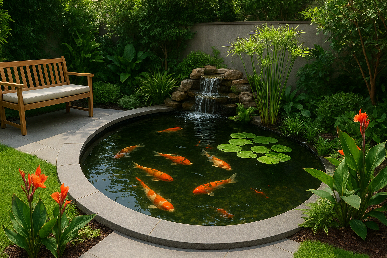 9. Add a koi pond or water feature as a focal point