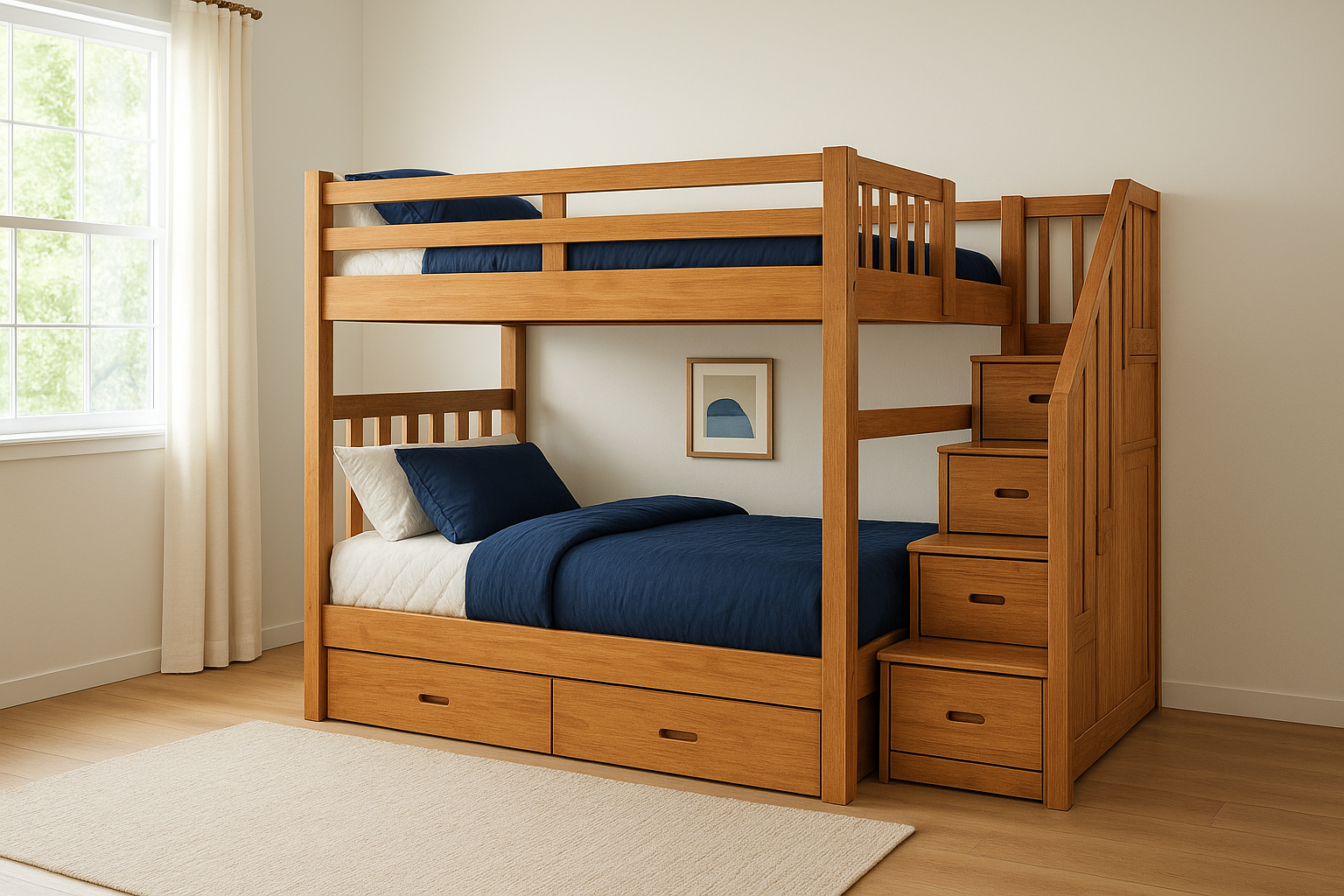 2. Queen over queen bunk beds with storage stairs
