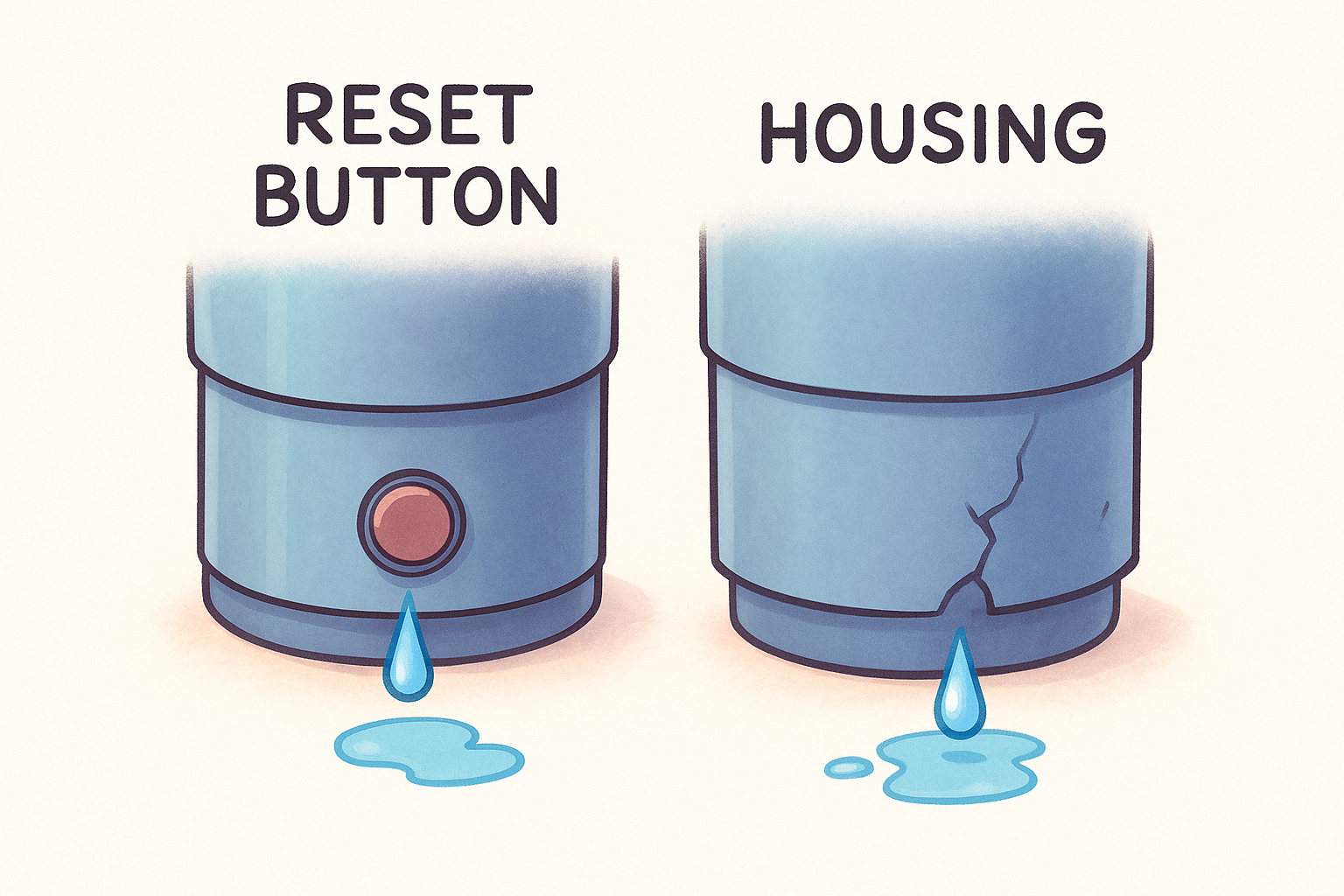 Identify whether the leak comes from the reset button or the housing