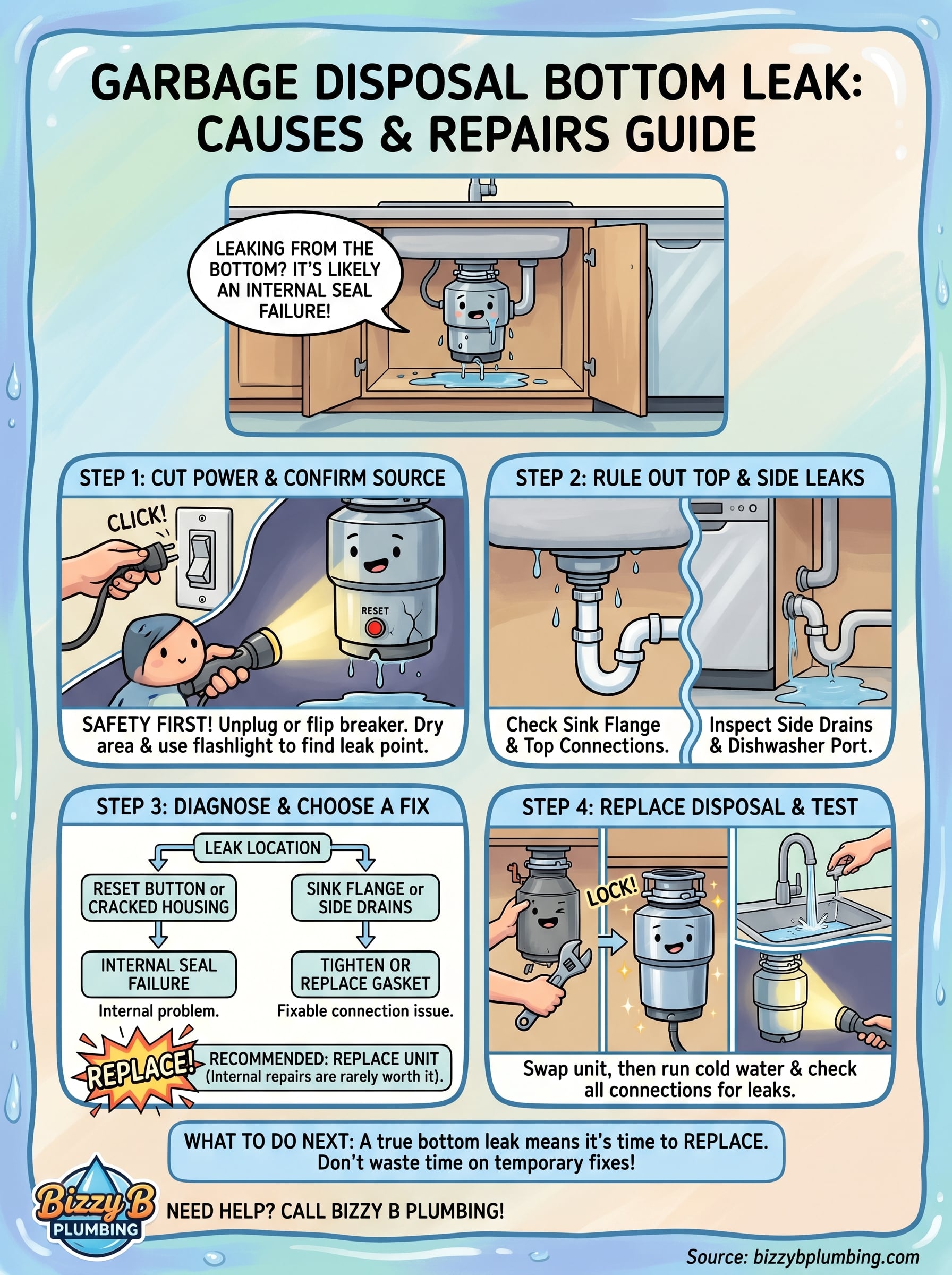 garbage disposal leaking from bottom infographic