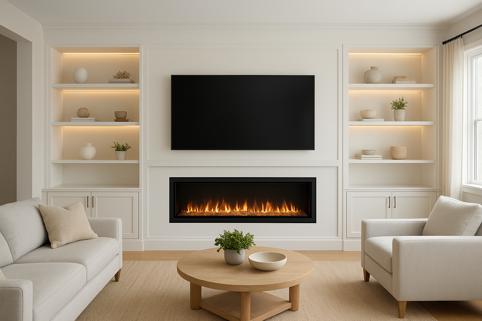 1. Full wall built-in with a linear electric fireplace