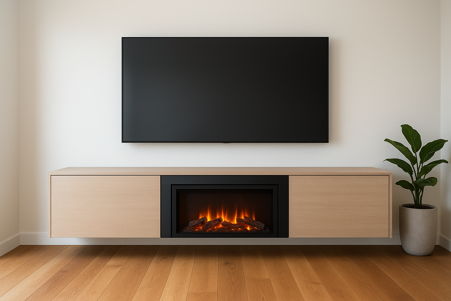 4. Modern floating base with an inset fireplace