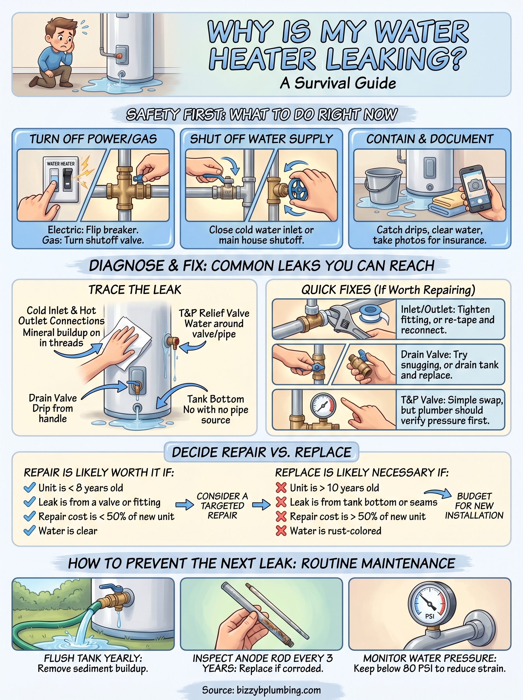why is my water heater leaking infographic