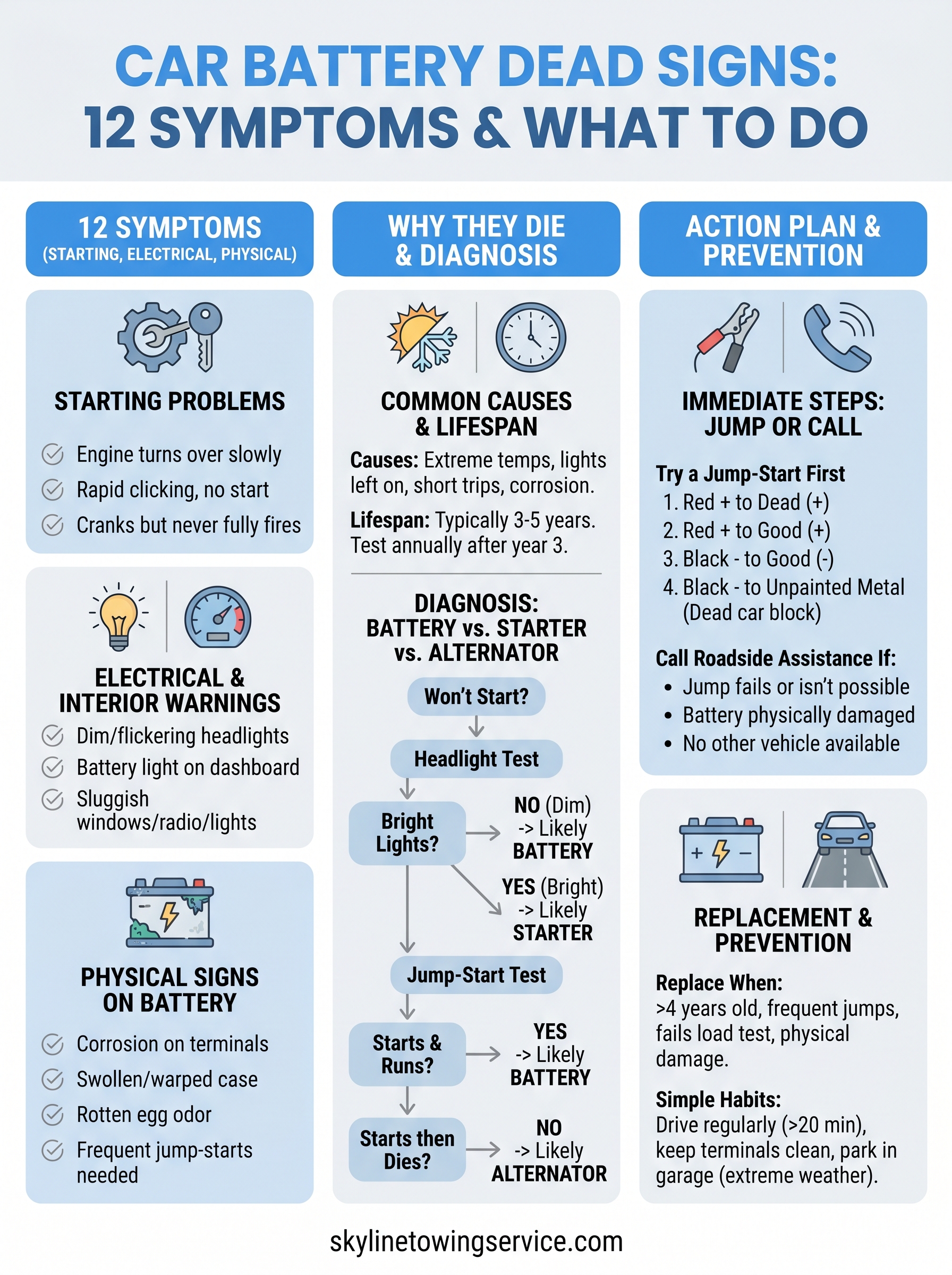 car battery dead signs infographic