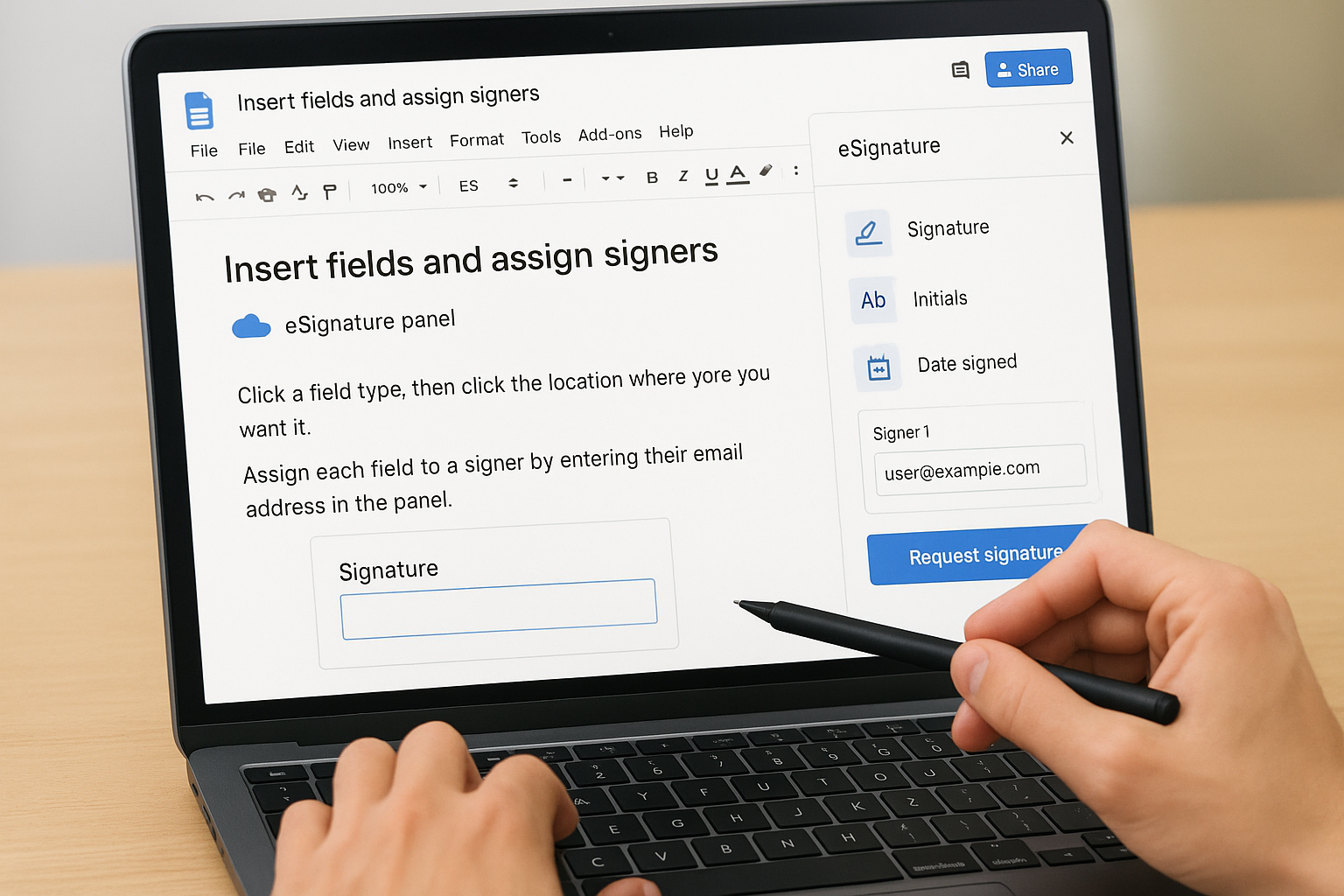 Insert fields and assign signers