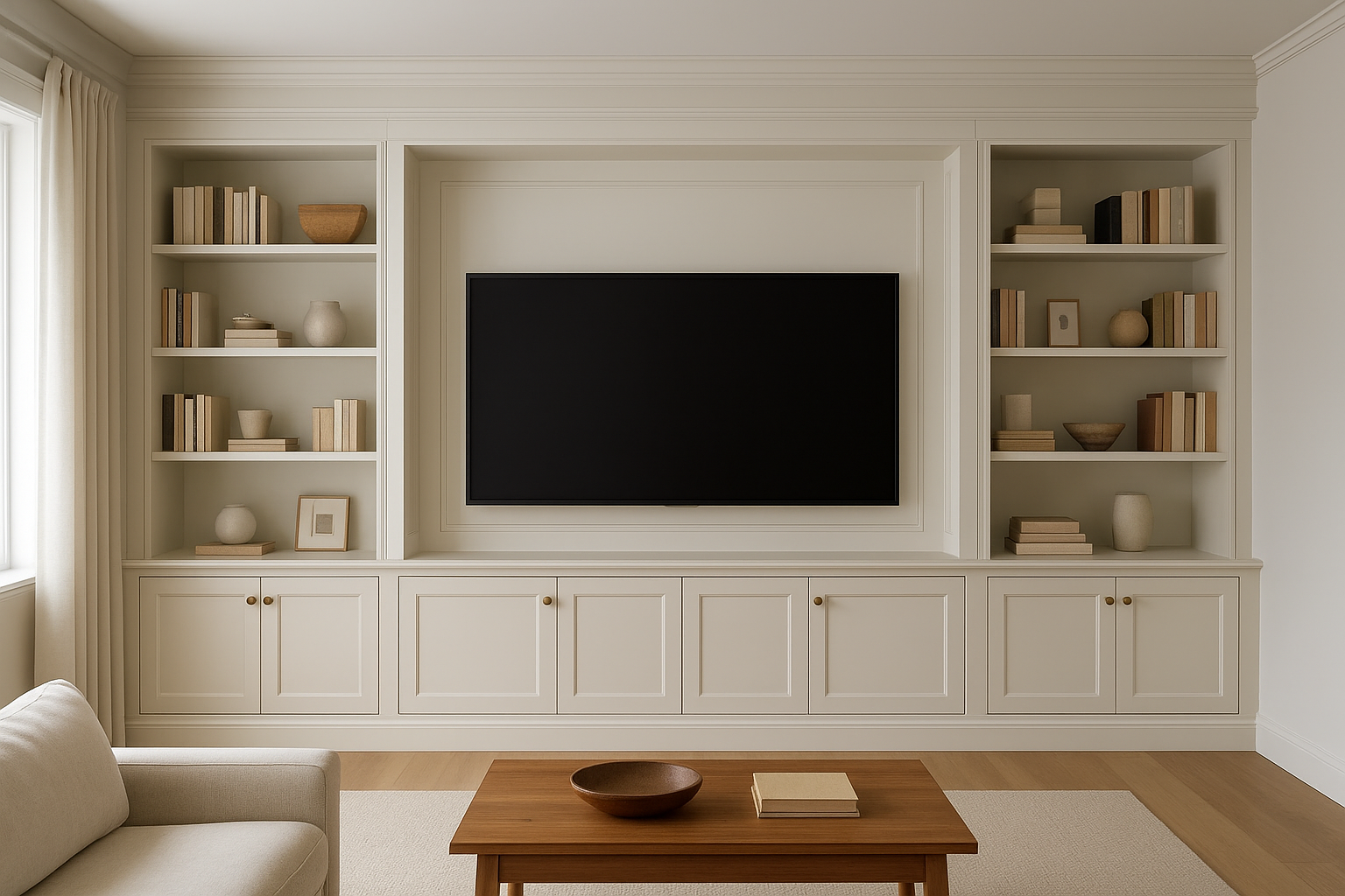 1. Full-wall built-in media center with custom millwork