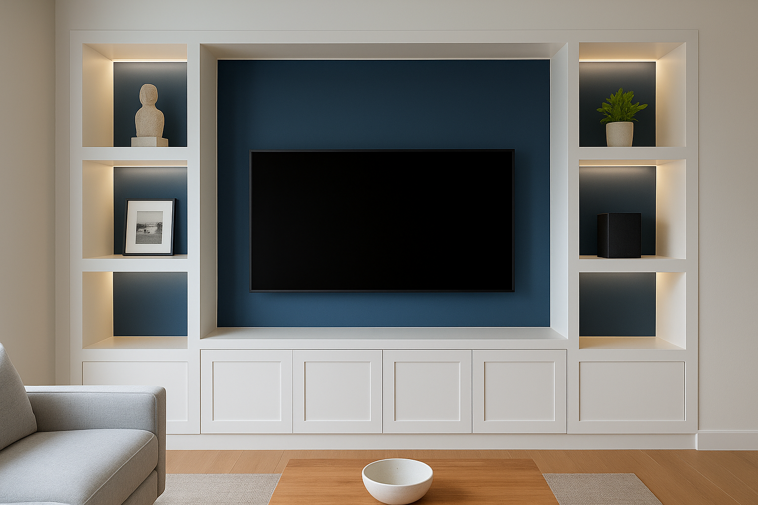 8. Media center with display niches and accent lighting
