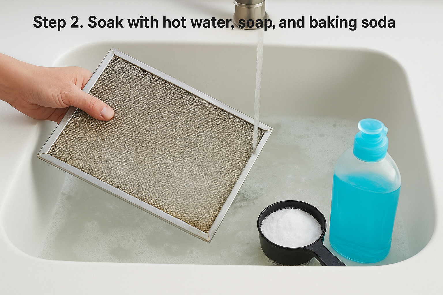 Step 2. Soak with hot water, soap, and baking soda