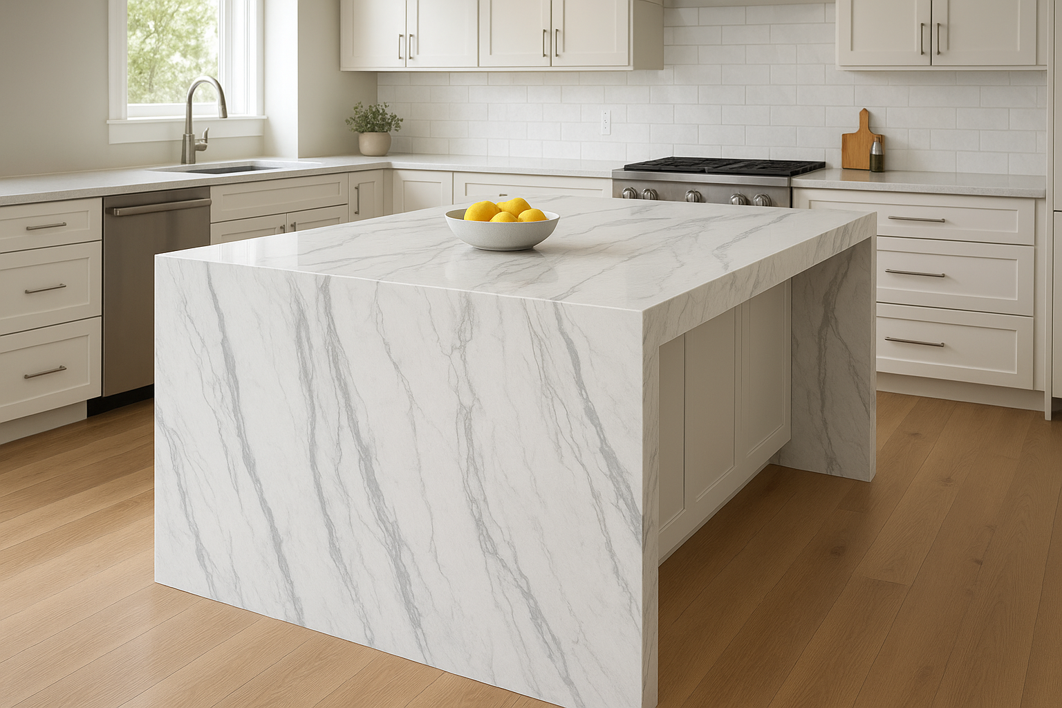 2. Waterfall-edge quartz or quartzite statement slab