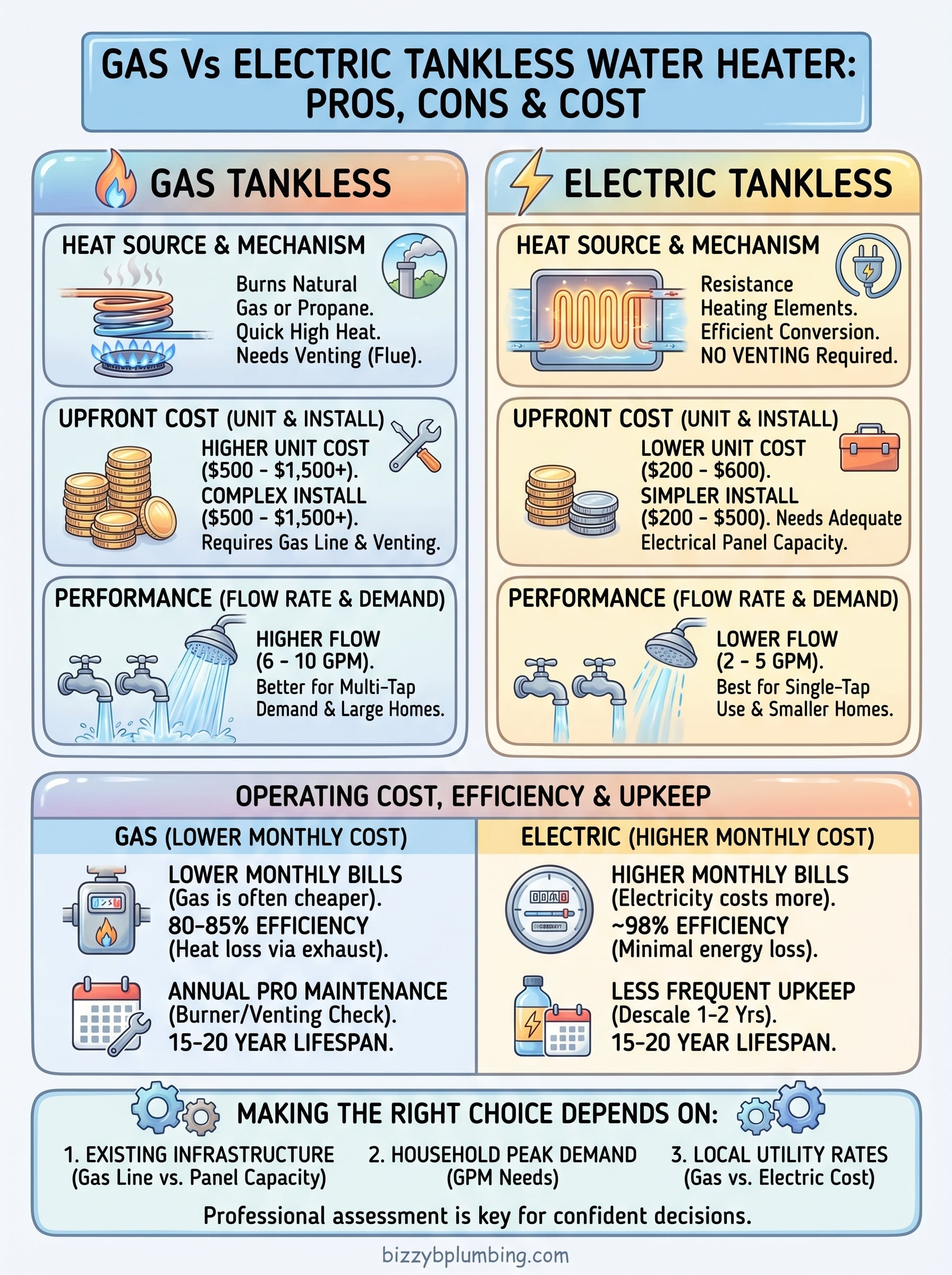 gas vs electric tankless water heater infographic