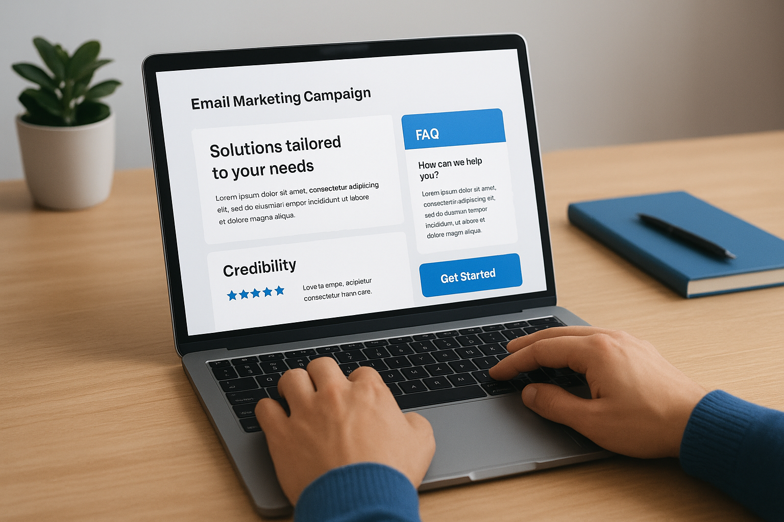 Example blocks: service fit, FAQs, credibility, next step