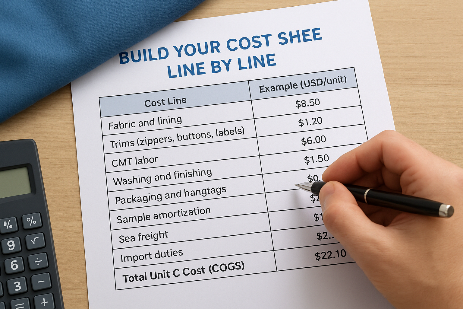 Build your cost sheet line by line