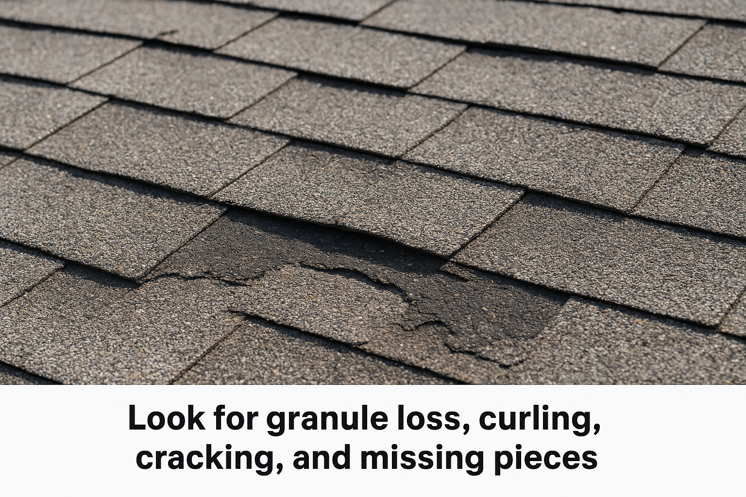 Look for granule loss, curling, cracking, and missing pieces